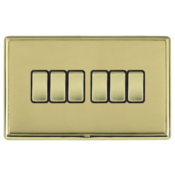 Linea-Rondo CFX Polished Brass Frame/Polished Brass Front 6 gang 10AX 2 Way Rocker Polished Brass/Black