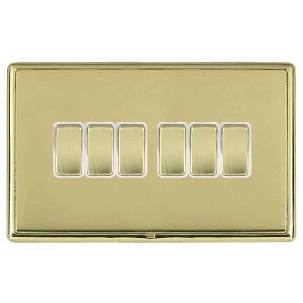 Linea-Rondo CFX Polished Brass Frame/Polished Brass Front 6 gang 10AX 2 Way Rocker Polished Brass/White