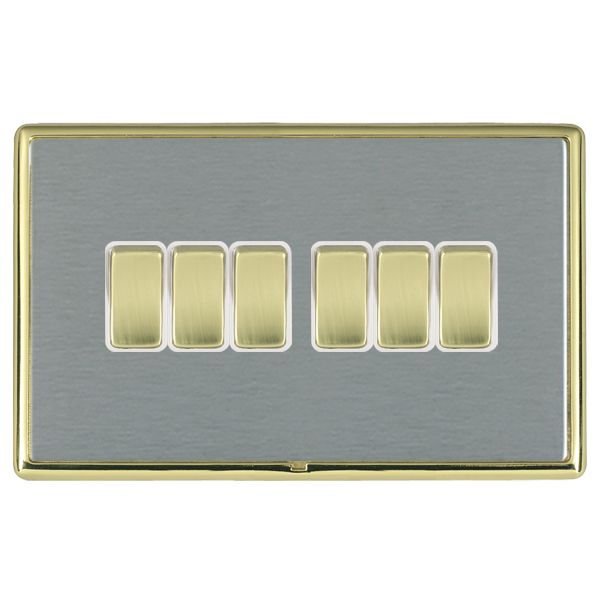 Linea-Rondo CFX Polished Brass Frame/Satin Steel Front 6 gang 10AX 2 Way Rocker Polished Brass/White
