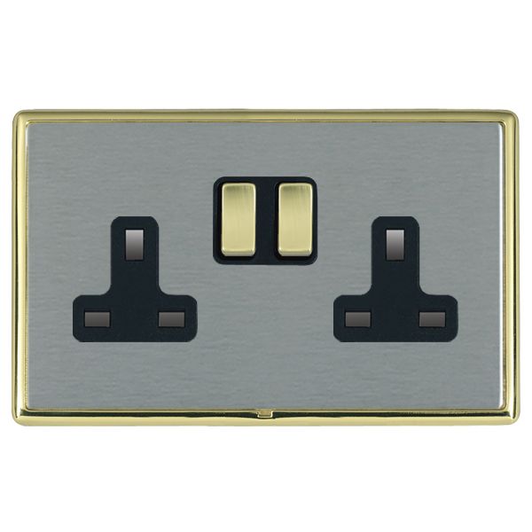 Linea-Rondo CFX Polished Brass Frame/Satin Steel Front 2 gang 13A Double Pole Switched Socket Polished Brass/Black