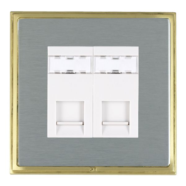Linea-Scala CFX Satin Brass Frame/Satin Steel Front 2 gang RJ12 Outlet – Unshielded White