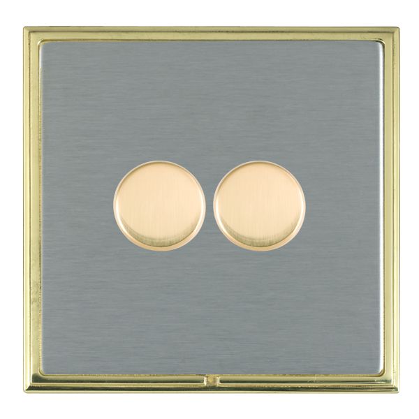 Linea-Scala CFX Polished Brass Frame/Satin Steel Front 2 gang 100W LED 2 Way Push On/Off Rotary Dimmer Polished Brass