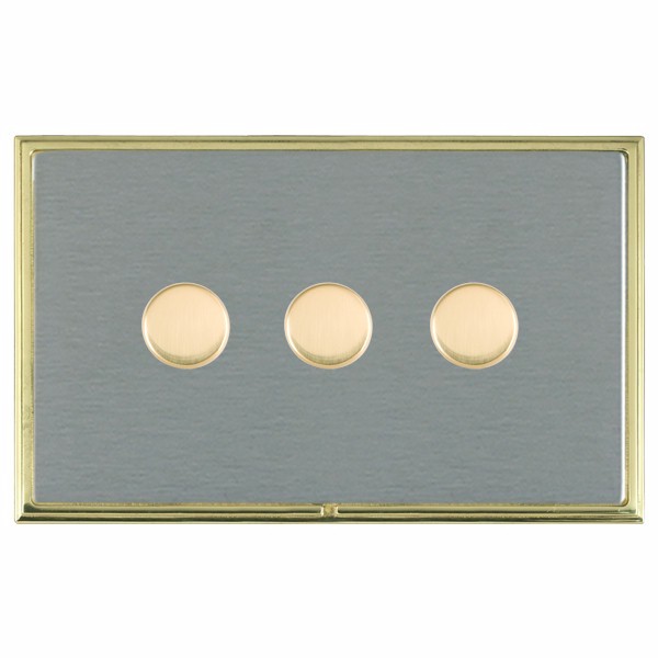 Linea-Scala CFX Polished Brass Frame/Satin Steel Front 3 gang 100W LED 2 Way Push On/Off Rotary Dimmer Polished Brass