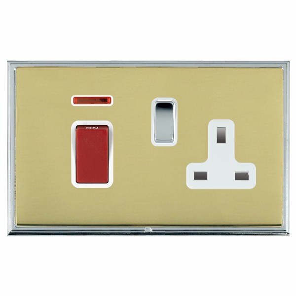 Linea-Scala CFX Bright Chrome Frame/Polished Brass Front 45A Double Pole Rocker + Neon + 13A Switched Socket Red+Bright Chrome/White