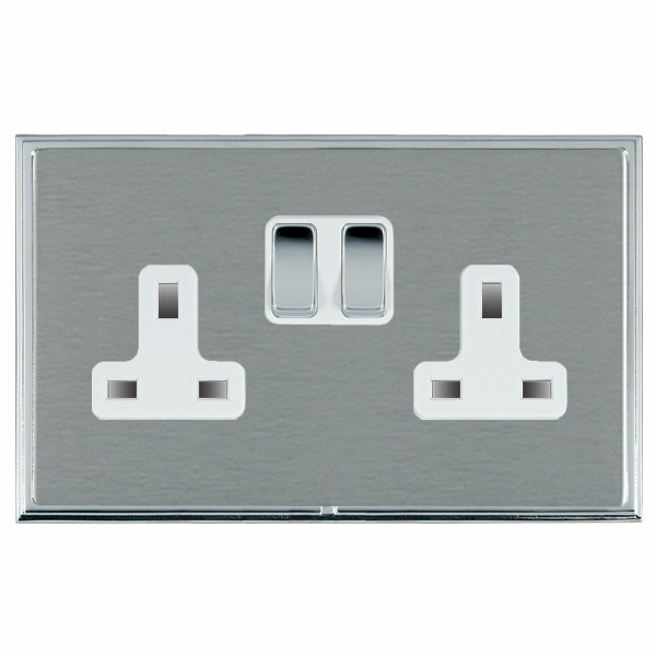 Linea-Scala CFX Bright Chrome Frame/Satin Steel Front 2 gang 13A Double Pole Switched Socket Bright Chrome/White