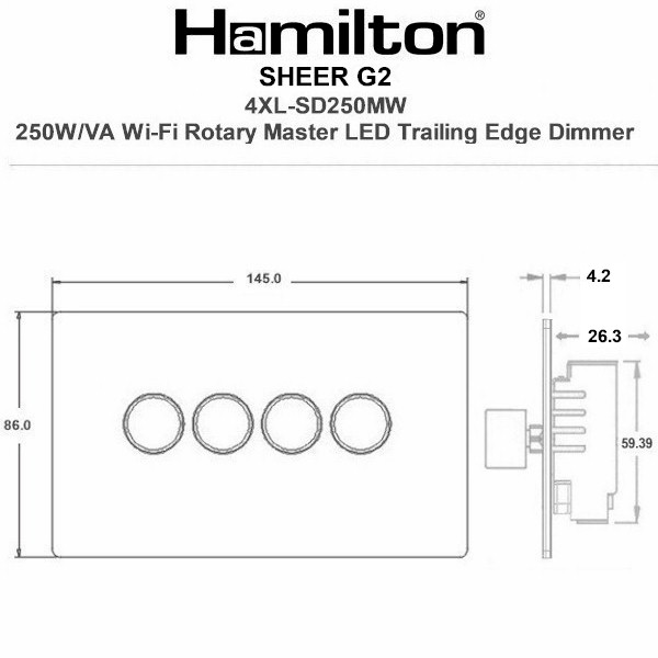 Sheer G2 Satin Steel 4g Wi-Fi Rotary Master LED Dimmer Satin Steel – Rated at 250W/VA in Trailing Edge (100W/VA Leading Edge) requires a 47mm back box