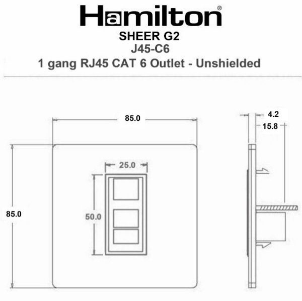 Sheer G2 Anthra Gray 1 gang RJ45 CAT 6 Outlet - Unshielded Quartz Grey