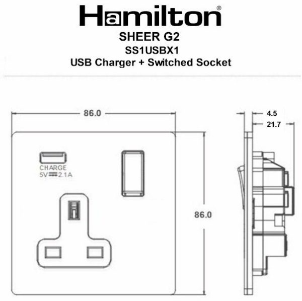 Sheer G2 Anthra Gray 1 gang 13A Single Pole Switched Socket with 1 USB Outlets 1x2.1A Anthra Gray/Quartz Grey