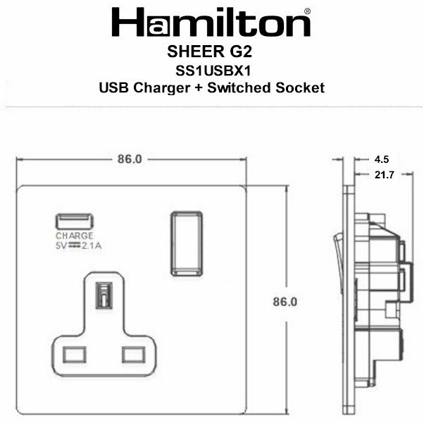 Sheer G2 Anthra Gray 1 gang 13A Single Pole Switched Socket with 1 USB Outlets 1×2.1A Anthra Gray/Quartz Grey