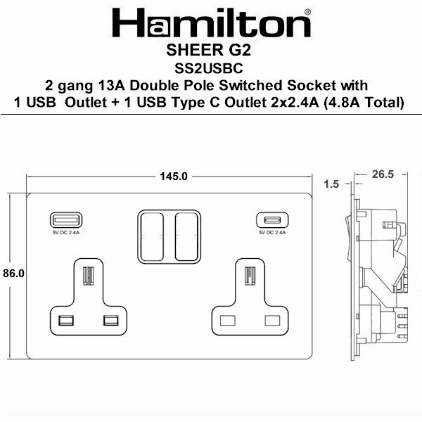 Sheer G2 Anthra Gray 2 gang 13A Double Pole Switched Socket with 1 USB + 1 USB Type C Outlet 2×2.4A Anthra Gray/Quartz Grey