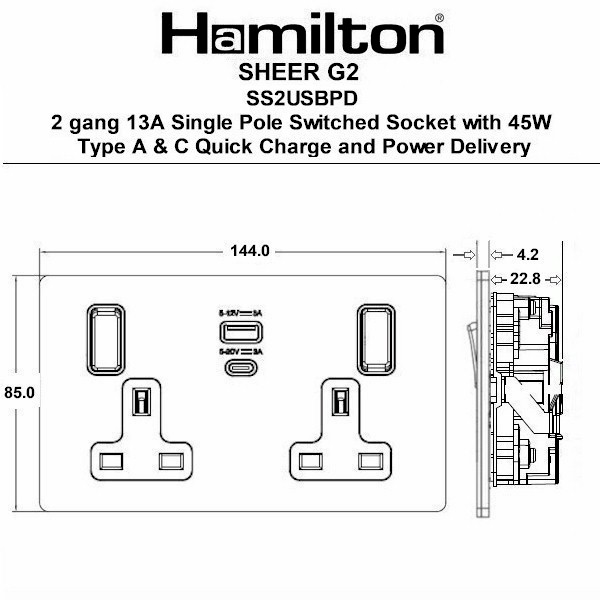 Sheer G2 Anthra Gray 2 gang 13A Single Pole Switched Socket with 45W Type A&C Quick Charge and Power Delivery Anthra Gray/Quartz Grey