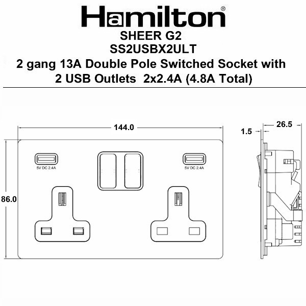 Sheer G2 Anthra Gray 2 gang 13A Double Pole Switched Socket with 2 USB Ultra Outlets 2×2.4A Anthra Gray/Quartz Grey