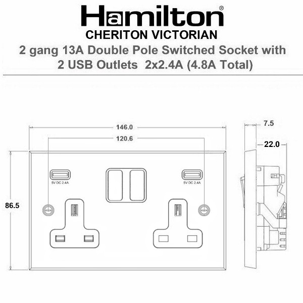 Cheriton Victorian Antique Brass 2 gang 13A Double Pole Switched Socket with 2 USB Ultra Outlets 2×2.4A Antique Brass/Black