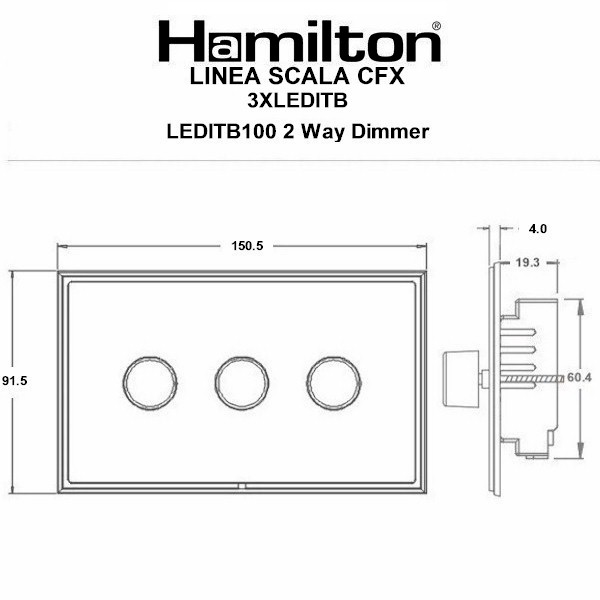 Linea-Scala CFX Basalt Gray Frame/Basalt Gray Front 3 gang 100W LED 2 Way Push On/Off Rotary Dimmer Basalt Gray