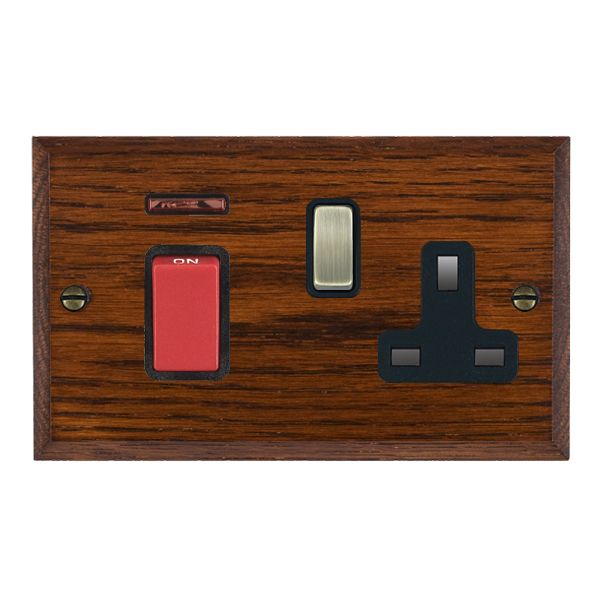 Woods Chamfered Antique Mahogany 45A Double Pole Rocker + Neon + 13A Switched Socket Red+Antique Brass/Black