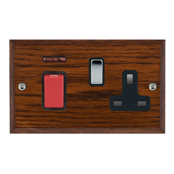 Woods Chamfered Antique Mahogany 45A Double Pole Rocker + Neon + 13A Switched Socket Red+Bright Chrome/Black