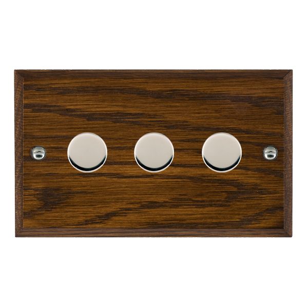 Woods Chamfered Dark Oak 3 gang 100W LED 2 Way Push On/Off Rotary Dimmer Bright Chrome