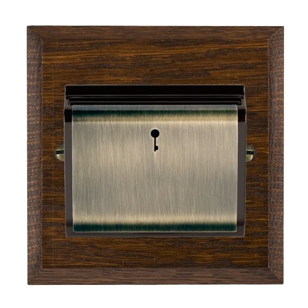 Woods Chamfered Dark Oak 1 gang 10A (6AX) Card Switch On/Off with Blue LED Locator Antique Brass/Black