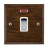 Woods Chamfered Dark Oak 1 gang 20AX Double Pole Rocker and Neon Bright Chrome/White