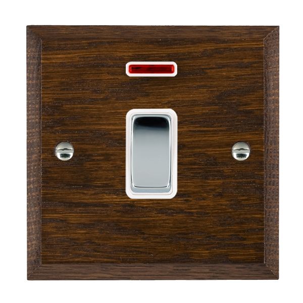 Woods Chamfered Dark Oak 1 gang 20AX Double Pole Rocker and Neon Bright Chrome/White
