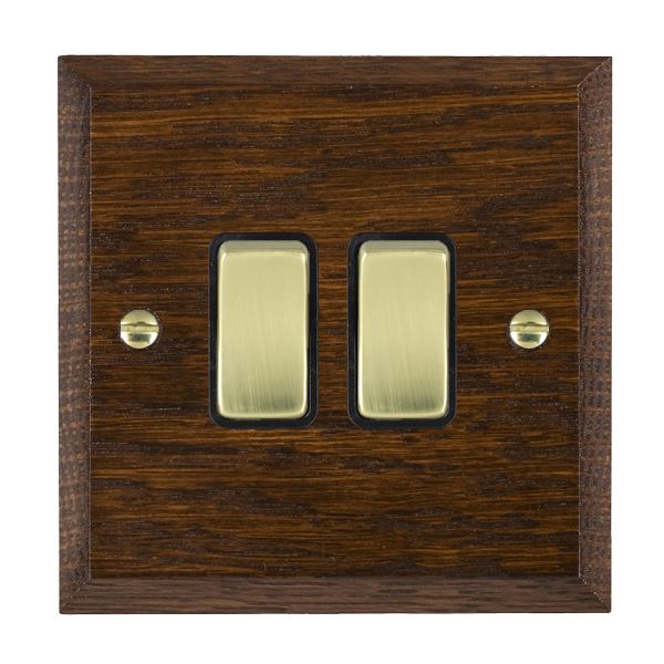Woods Chamfered Dark Oak 2 gang 10AX 2 Way Rocker Polished Brass/Black