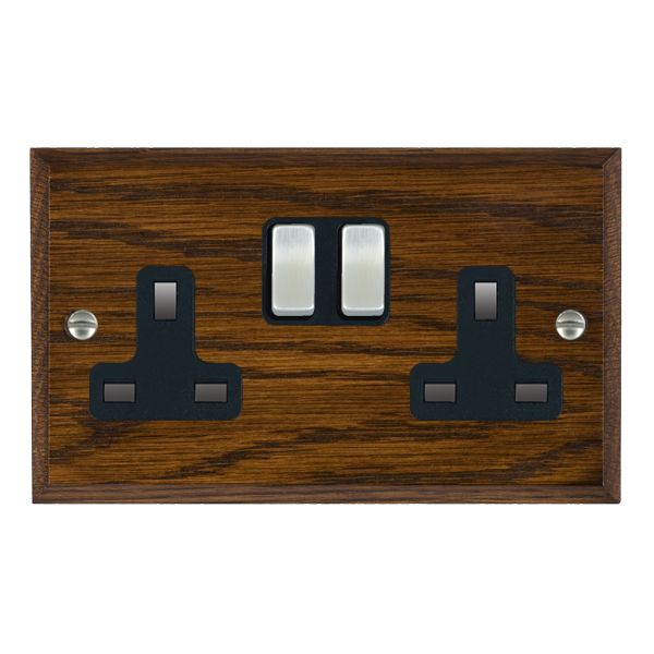 Woods Chamfered Dark Oak 2 gang 13A Double Pole Switched Socket Satin Chrome/Black