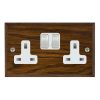 Woods Chamfered Dark Oak 2 gang 13A Double Pole Switched Socket Satin Chrome/White