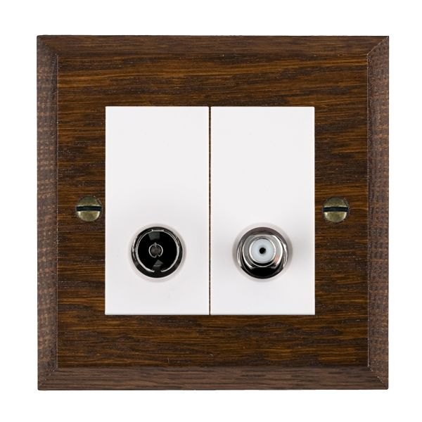 Woods Chamfered Dark Oak 2 gang Non-Isolated TV+Satellite 2in/2out White