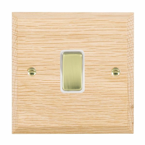 Woods Chamfered Light Oak 1 gang 10AX 2 Way Rocker Polished Brass/White