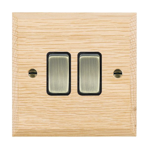 Woods Chamfered Light Oak 2 gang 10AX 2 Way Rocker Antique Brass/Black