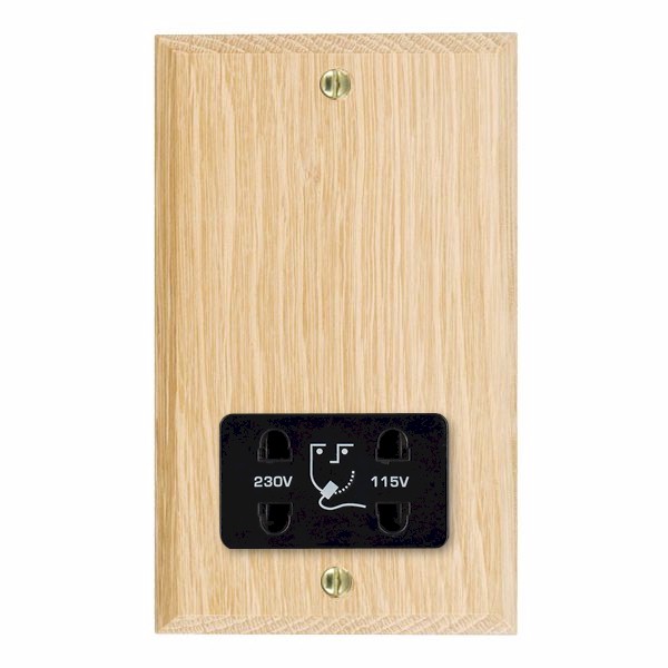 Woods Chamfered Light Oak Shaver Dual Voltage Unswitched Socket (Vertically Mounted) Black