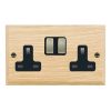 Woods Chamfered Light Oak 2 gang 13A Double Pole Switched Socket Antique Brass/Black