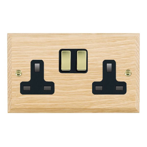 Woods Chamfered Light Oak 2 gang 13A Double Pole Switched Socket Polished Brass/Black