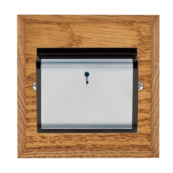 Woods Chamfered Medium Oak 1 gang 10A (6AX) Card Switch On/Off with Blue LED Locator Satin Chrome/Black