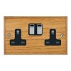Woods Chamfered Medium Oak 2 gang 13A Double Pole Switched Socket Bright Chrome/Black