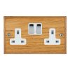 Woods Chamfered Medium Oak 2 gang 13A Double Pole Switched Socket Bright Chrome/White
