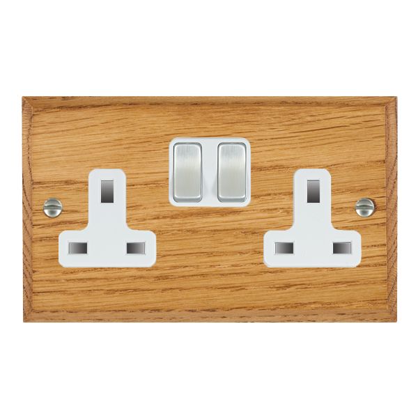 Woods Chamfered Medium Oak 2 gang 13A Double Pole Switched Socket Satin Chrome/White