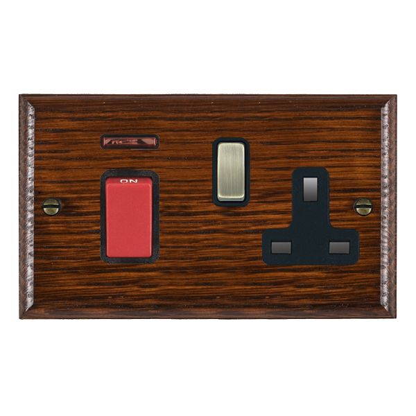 Woods Ovolo Antique Mahogany 45A Double Pole Rocker + Neon + 13A Switched Socket Red+Antique Brass/Black