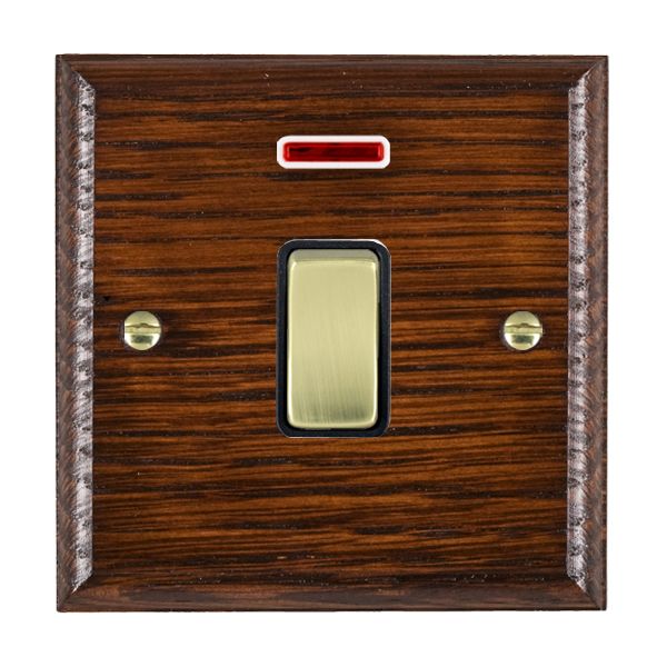 Woods Ovolo Antique Mahogany 1 gang 20AX Double Pole Rocker and Neon Polished Brass/White