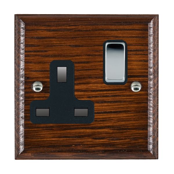Woods Ovolo Antique Mahogany 1 gang 13A Double Pole Switched Socket Bright Chrome/Black
