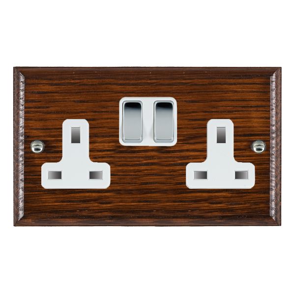 Woods Ovolo Antique Mahogany 2 gang 13A Double Pole Switched Socket Bright Chrome/White