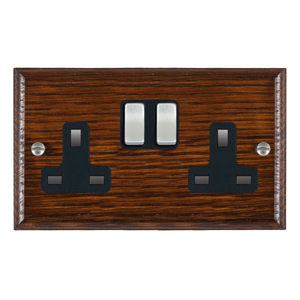 Woods Ovolo Antique Mahogany 2 gang 13A Double Pole Switched Socket Satin Chrome/Black