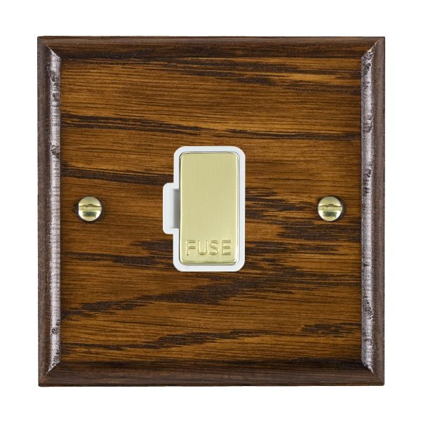 Woods Ovolo Dark Oak 1 gang 13A Fuse Only Polished Brass/White