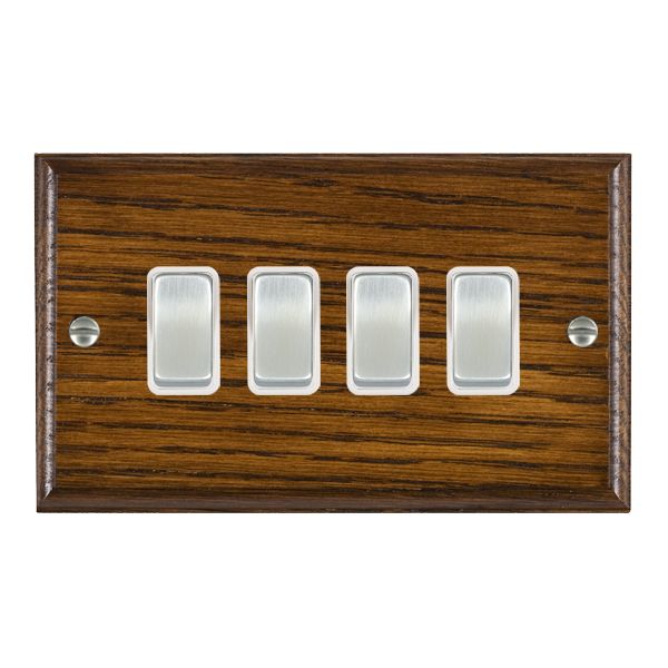Woods Ovolo Dark Oak 4 gang 10AX 2 Way Rocker Satin Chrome/White