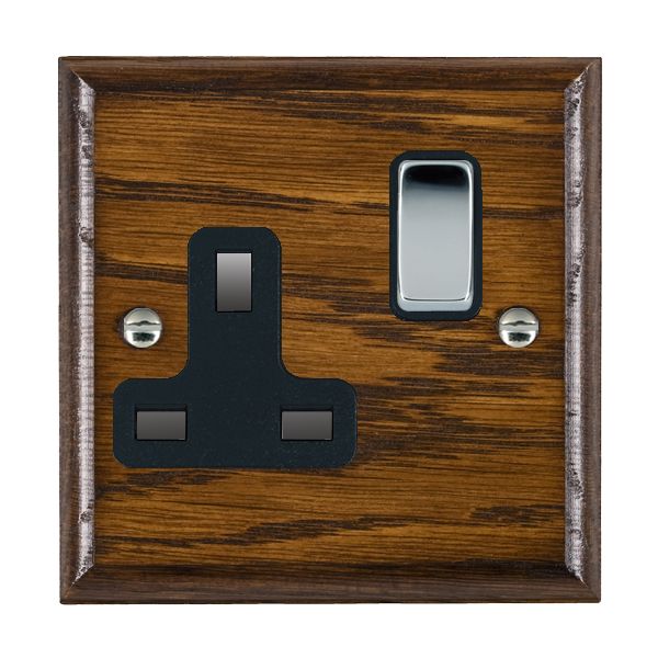 Woods Ovolo Dark Oak 1 gang 13A Double Pole Switched Socket Bright Chrome/Black