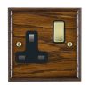 Woods Ovolo Dark Oak 1 gang 13A Double Pole Switched Socket Polished Brass/Black