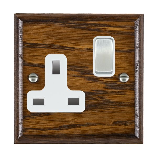 Woods Ovolo Dark Oak 1 gang 13A Double Pole Switched Socket Satin Chrome/White