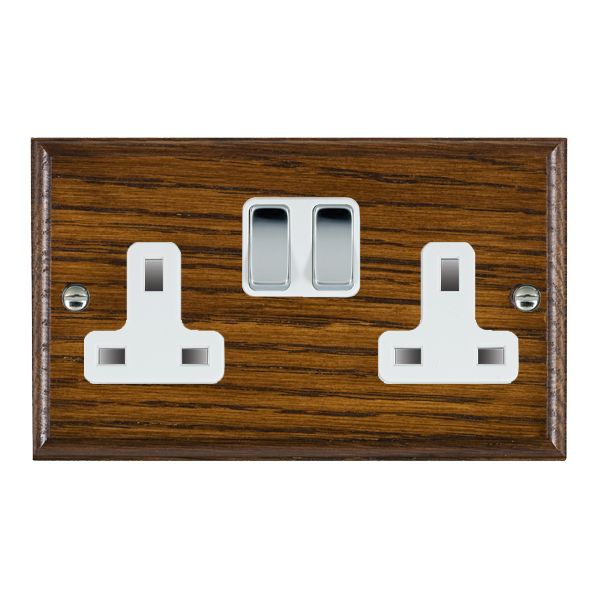 Woods Ovolo Dark Oak 2 gang 13A Double Pole Switched Socket Bright Chrome/White