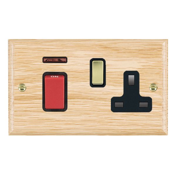 Woods Ovolo Light Oak 45A Double Pole Rocker + Neon + 13A Switched Socket Red+Polished Brass/Black