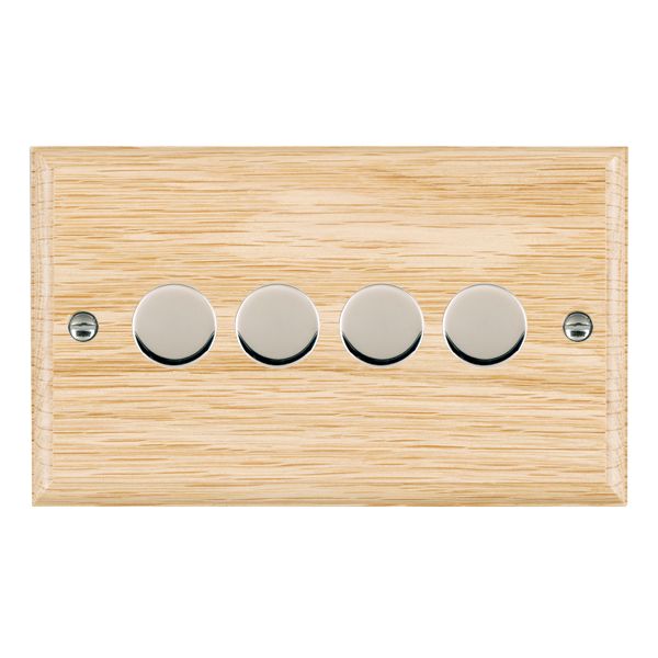 Woods Ovolo Light Oak 4 gang 100W LED 2 Way Push On/Off Rotary Dimmer Bright Chrome